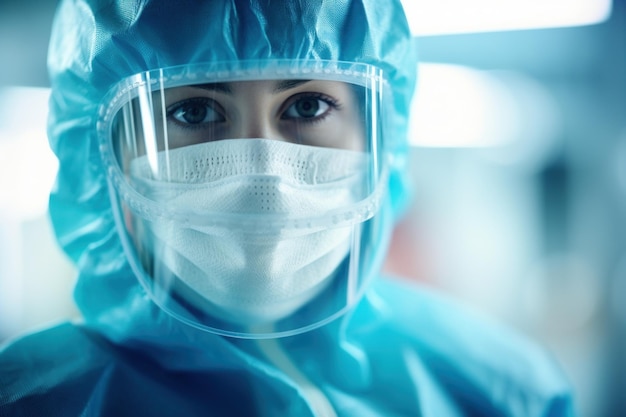 Photo of a closeup of a scientist wearing protective gear in a lab Generative AI