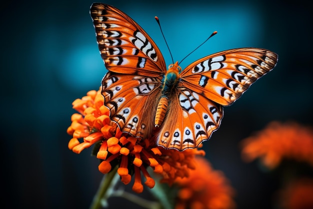 オレンジの花の花に興味深い質感を持つ美しい蝶の写真クローズアップショット