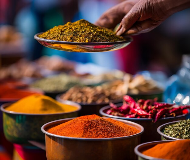 photo closeup shot of colorful Asian spices in the market with a blurry