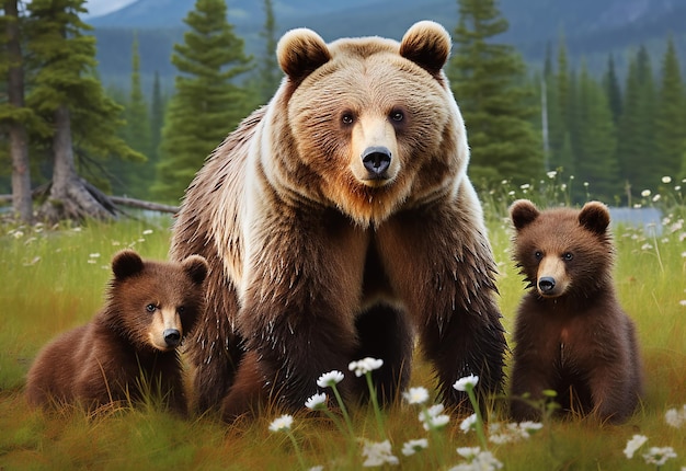 Фотография близкого плана семейства милых диких медведей вместе с их детенышами