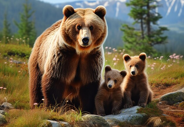 Foto foto in primo piano di una carina famiglia di orsi selvatici insieme ai loro cuccioli