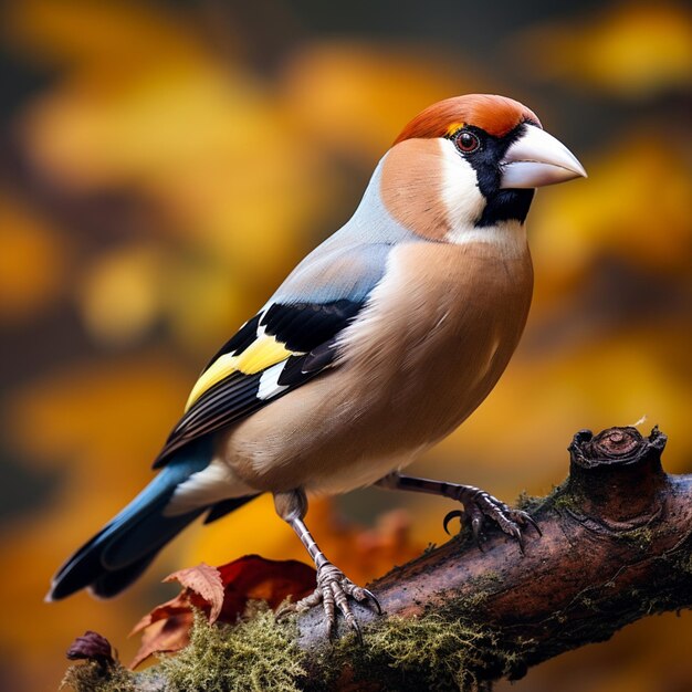 photo closeup shot of a male hawfinch sitting on a branch