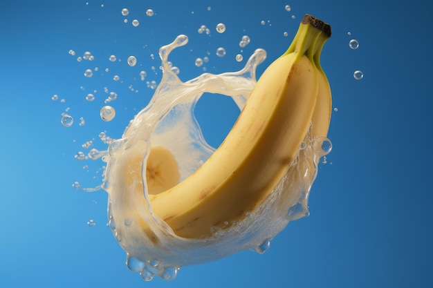 Photo of a closeup shot of a ripe banana being submerged in a pool of milk