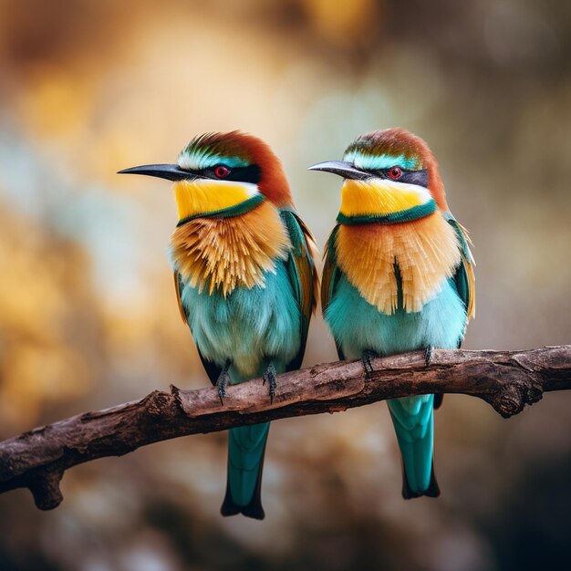 photo closeup shot of two beeeaters perched on a tree branch