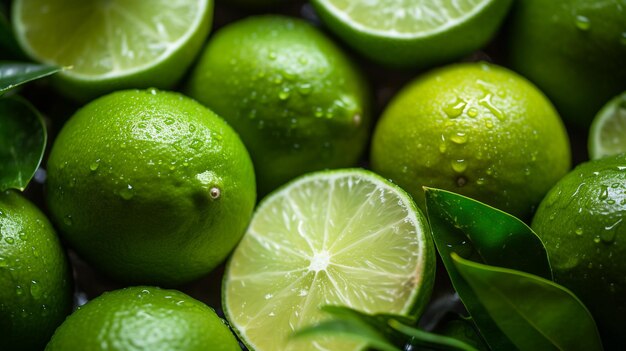 A photo of a closeup shot of vibrant lime on display at a market stand