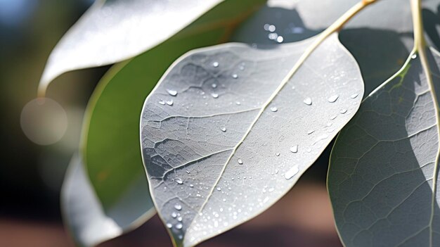 A photo of a closeup of a silver dollar eucalyptus leaf