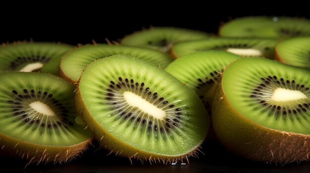 A photo of a closeup of a sliced kiwi with seeds