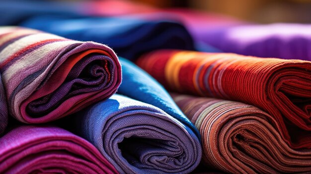 A photo of a closeup of a stack of colorful fabric rolls in a market