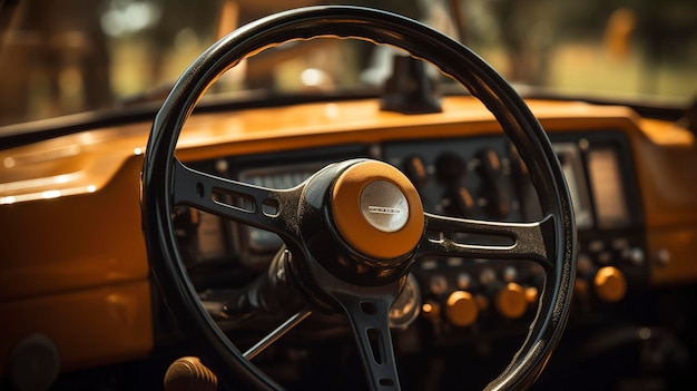 A photo of a closeup of a tractors steering wheel and controls