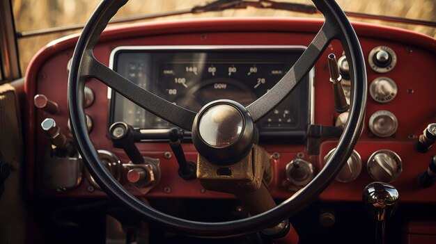 A photo of a closeup of a tractors steering wheel and controls