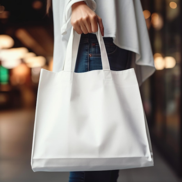 Photo photo closeup of a woman holding a plain blank white cotton totebag over the