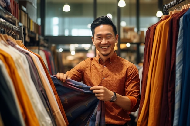 Foto foto di un vestito in vendita asiatico sorridente allegro mentre sceglie un vestito da un rack in piedi in un negozio di abbigliamento