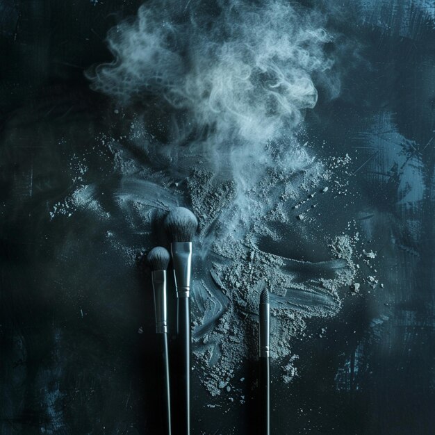 photo cloud of powder and two makeup brushes at bottom on dark background