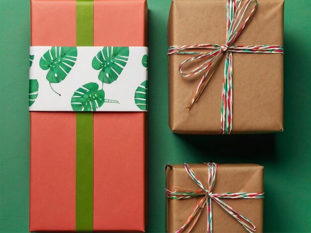 Photo photo clover leaves paper flags gift boxes and cookies on green background top view