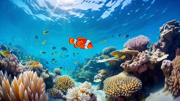 Photo of clownfish with various fish between healthy coral reefs in the blue ocean