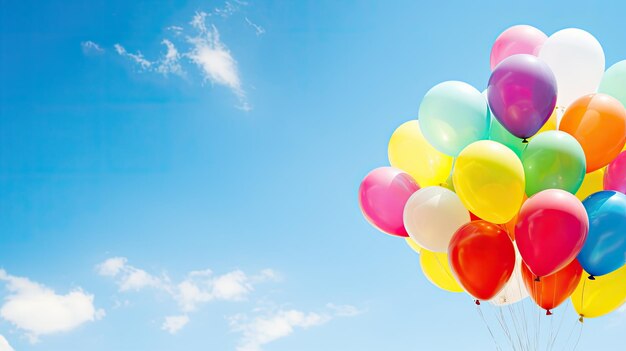 A photo of a cluster of colorful balloons blue sky backdrop