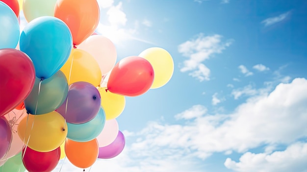 A photo of a cluster of colorful balloons blue sky backdrop