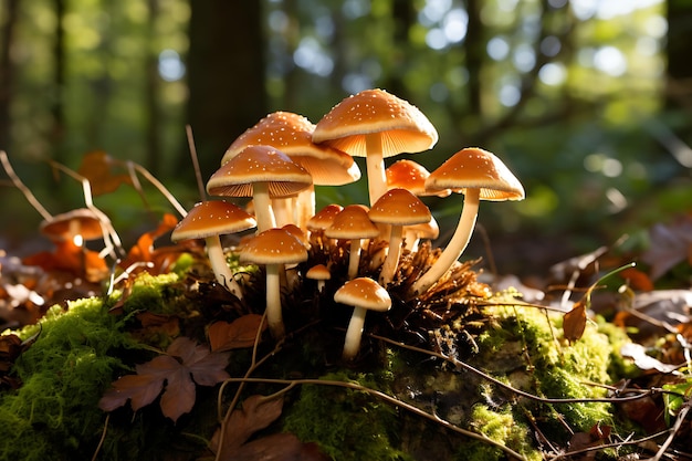 Photo of a cluster of mushrooms in a woodland nature background