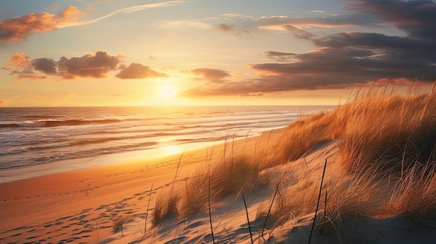 A photo of a coastal beach with sand dunes golden sunset