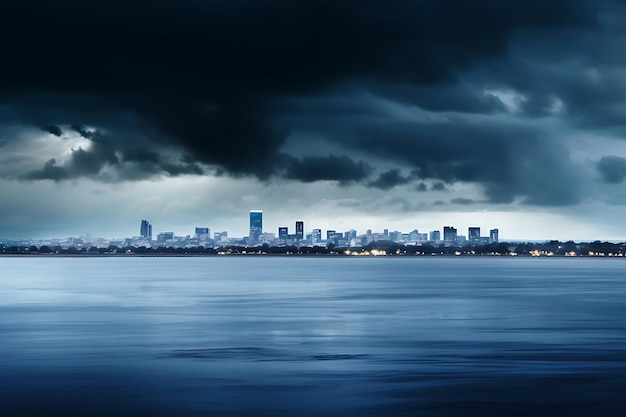 黒い雲の沿岸都市のスカイラインの写真