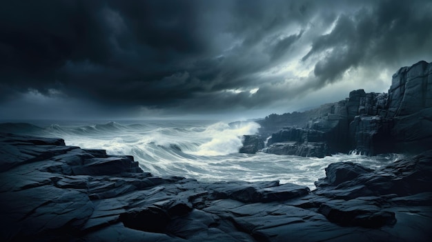 A photo of a coastal headland with crashing waves stormy clouds