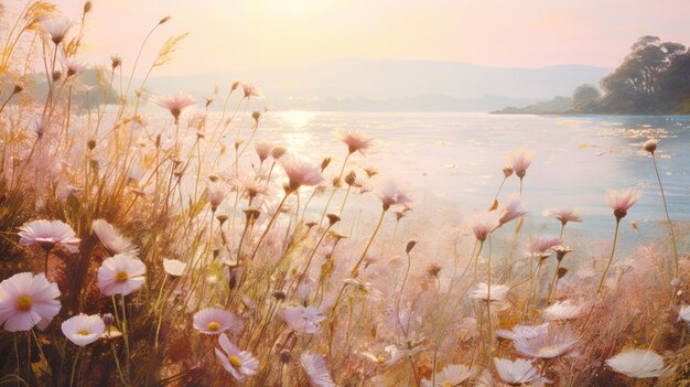 Foto una foto di fiori selvatici in fiore in un prato costiero