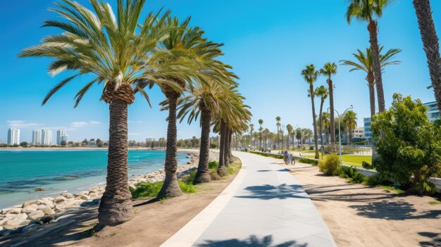 A photo of a coastal promenade with palm trees sunny day