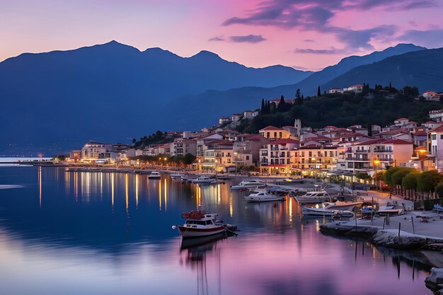 Photo of Coastal town with vibrant sunset reflections