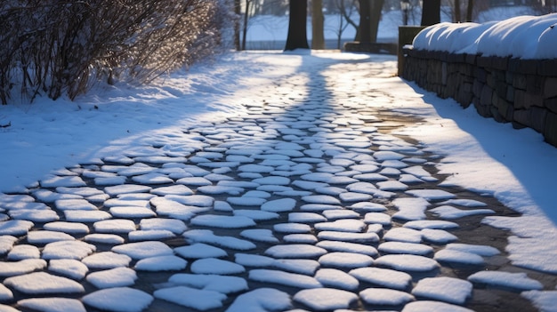 Foto una foto di un sentiero di ciottoli coperto di neve