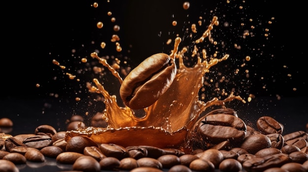 photo of coffee beans falling from the air and coffee splash photo coffee beans with coffee drip spl