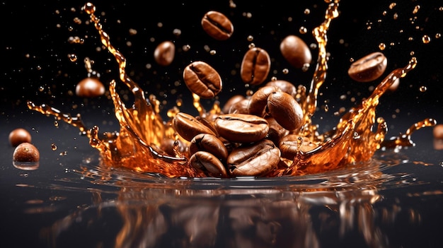 コーヒー豆が空から落ちてきてコーヒーがスプラッシュした写真 コーヒーのドリップスプラッシュでコーヒーの豆が落ちている写真
