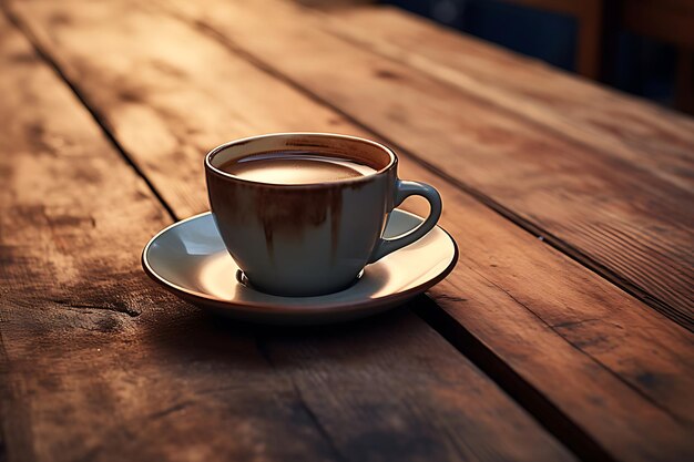 Photo of Coffee cup and saucer on a rustic wooden table