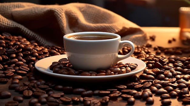 A photo of a coffee cup on a saucer with coffee beans scattered