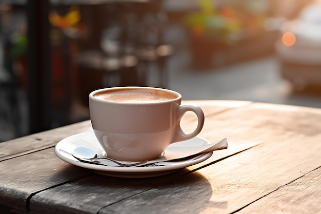 Photo of Coffee cup with a newspaper on a cafe table