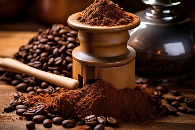 Photo of Coffee grinder with freshly ground coffee