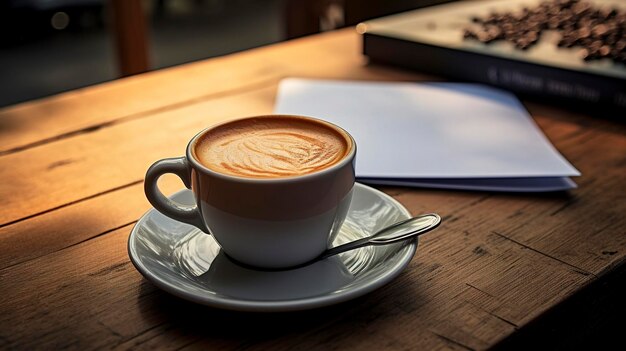 A photo of a coffee mug on a coaster with notes