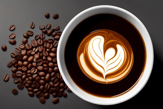 Photo coffee mug on a table with beans on a wooden table