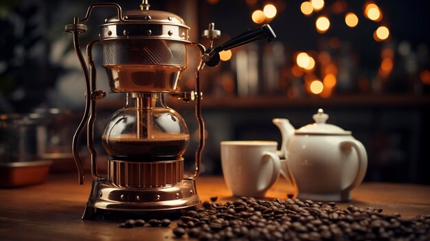 A photo of a coffee percolator with roasted coffee beans