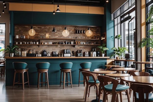 Photo coffee shop interior counter bar with chairs