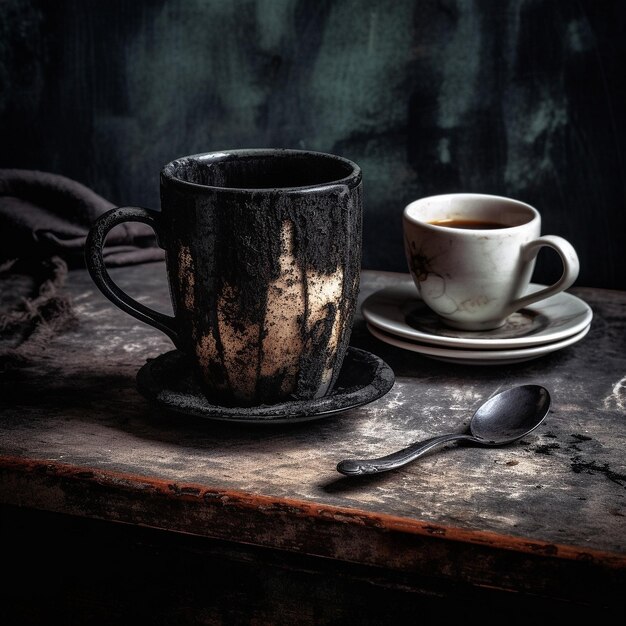 黒い色のテーブルの上のコーヒーの写真