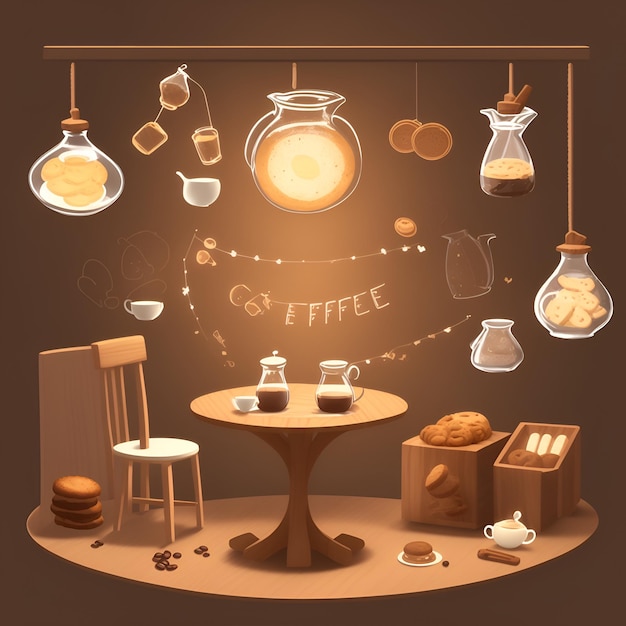 Photo of a coffeethemed table with a illuminated sign that says