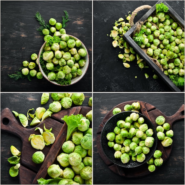 Photo collage Brussels sprouts Top view on black background