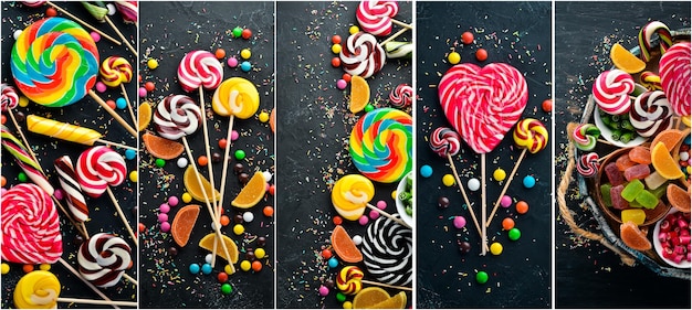 Photo collage candies and lollipops On a black background