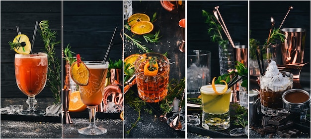 Collage di foto cocktail e bevande alcoliche vista dall'alto
