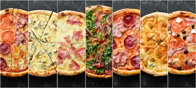 Foto collage di foto di deliziosa pizza set di pizza con formaggio, salame, pancetta e verdure banner alimentare