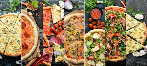 Photo photo collage of delicious pizza set of pizza with cheese salami bacon and vegetables food banner