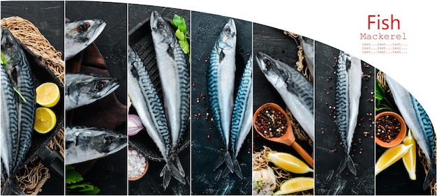 写真のコラージュ魚のサバとスパイス黒の背景に