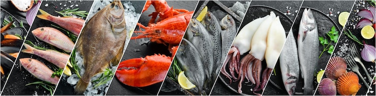 Photo photo collage fresh seafood fish lobster squid and shrimp on a dark stone background advertising banner