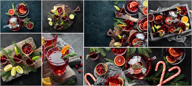 Foto collage di foto bevande calde con mirtillo rosso
