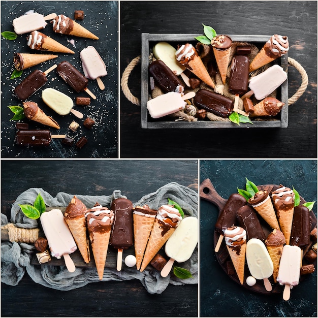 Photo Collage Ice Cream Tropical Fruits On a black background